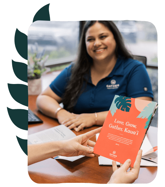 Gather team member handing over a pamphlet