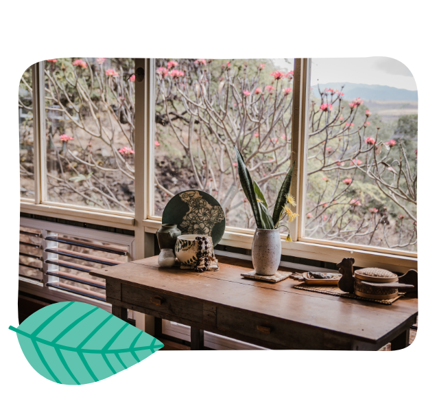 Indoor Side table with decorations in front of window with beautiful view