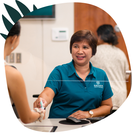 Gather telling happily interacting with customer